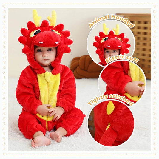Child wearing a red dragon costume with close-up details on a light background