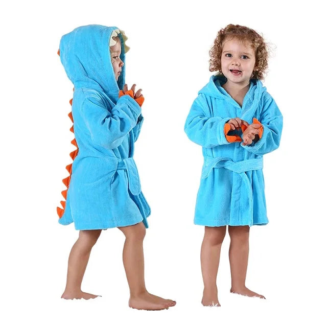 Blue dinosaur-themed hooded baby bathrobe made from soft bamboo fabric with belt tie