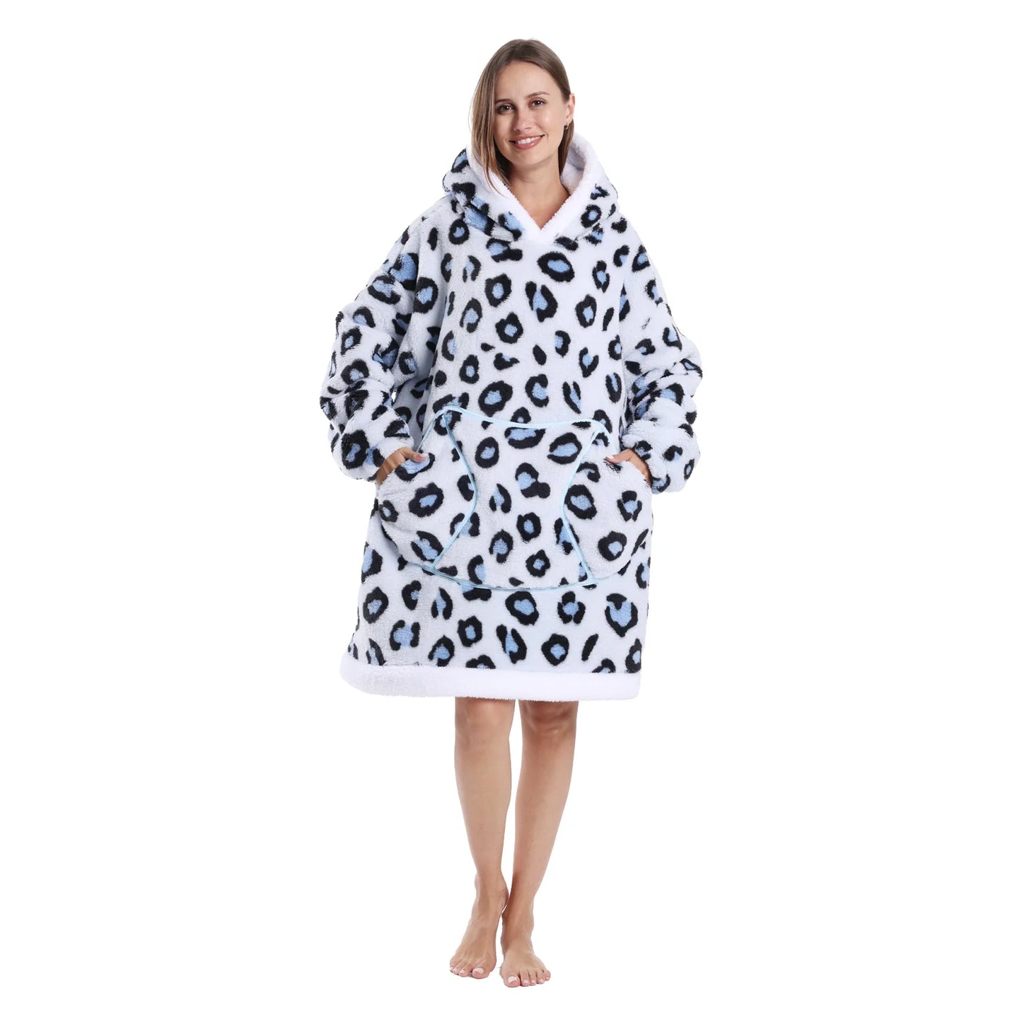 Animal print fleece wearable blanket hoodie shown in white with hooded oversized fit for lounging
