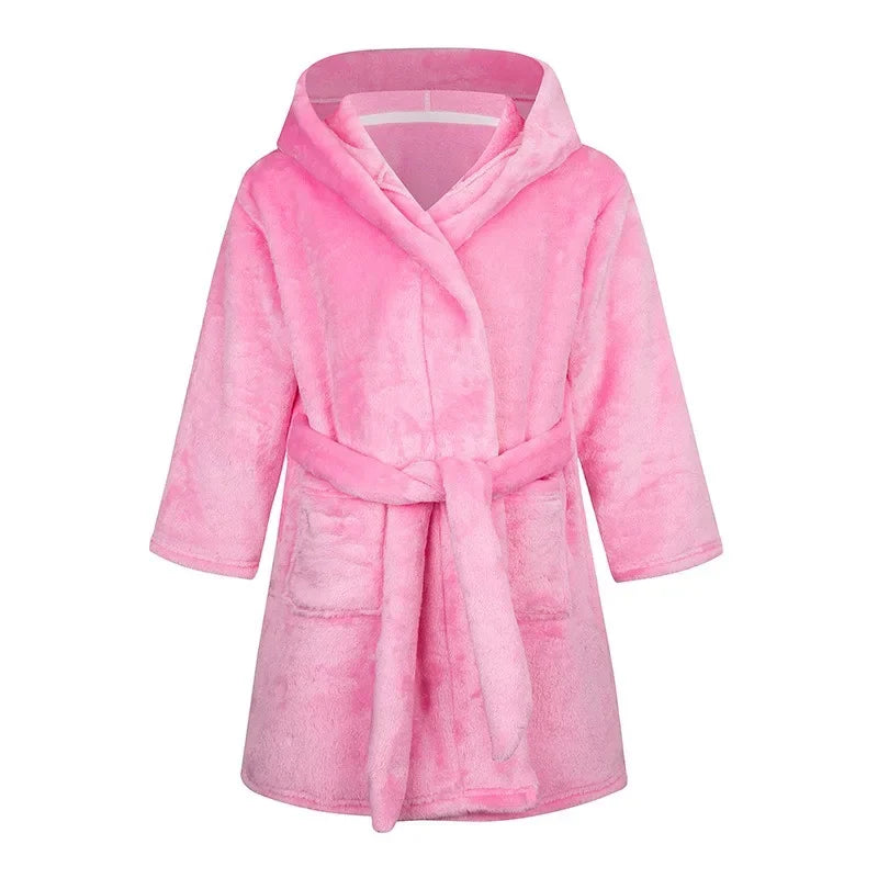 Kids soft hooded bathrobe nightgown in light pink with rope tie fastening.