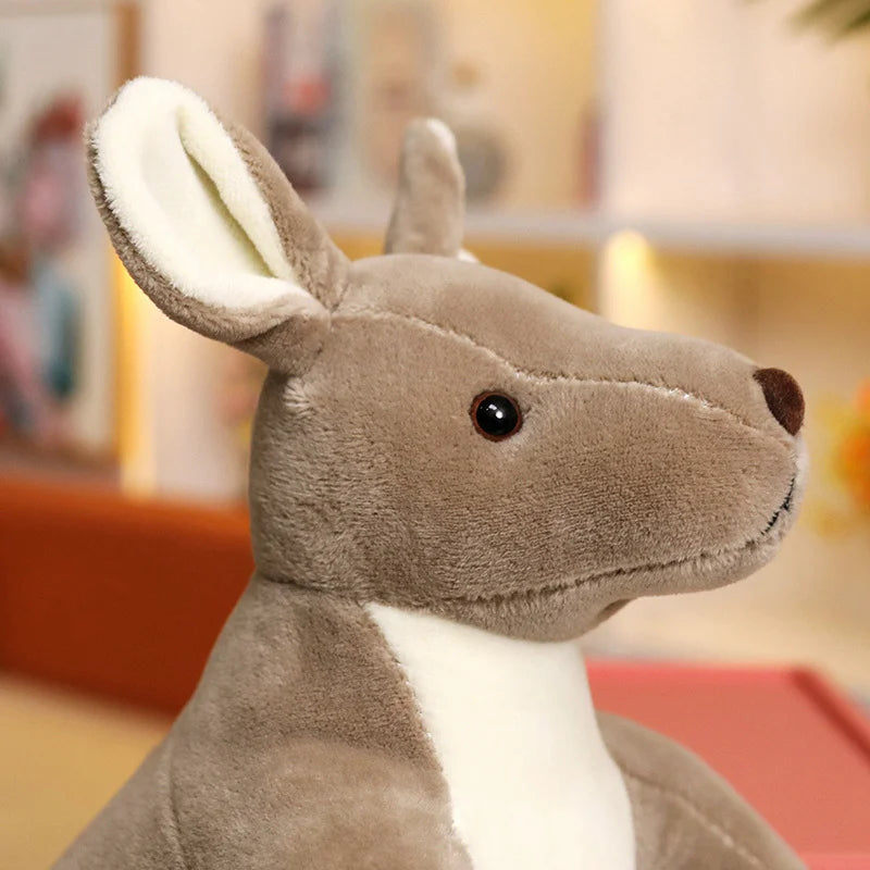 Kangaroo soft toy with a white belly and large ears, shown in close-up with a realistic plush design