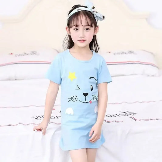 Girls blue cotton nightie with cute cartoon animal face short sleeve sleepwear