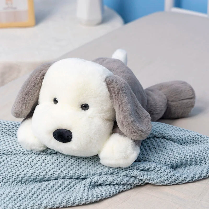 Grey and white puppy plush toy with soft big ears and gentle character design