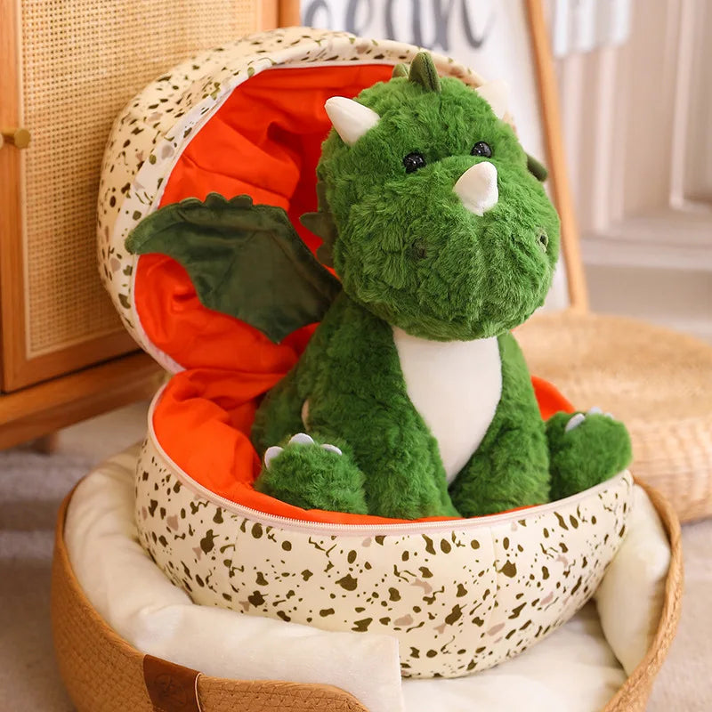 Soft plush dragon egg with removable dragon sat in the egg.