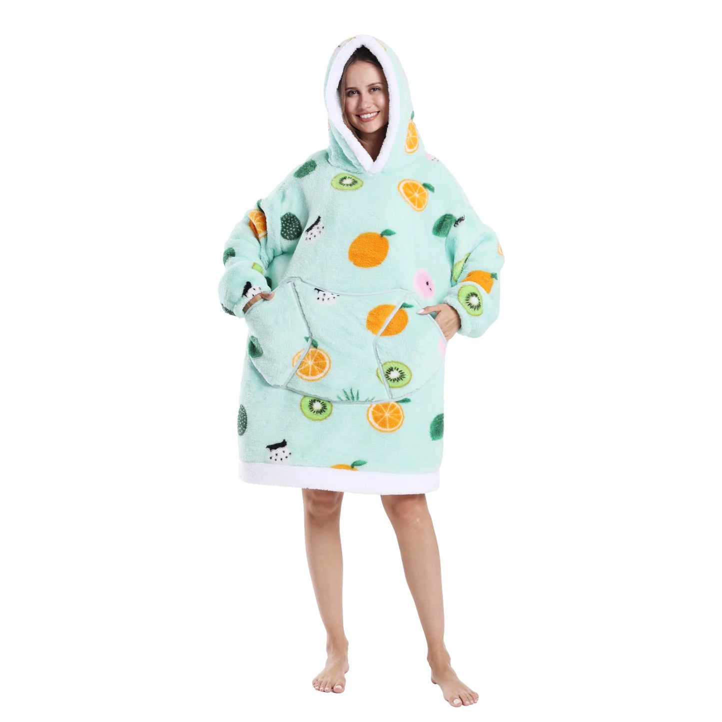 Oversized hooded fleece blanket hoodie showing orange and kiwi fruit print designs