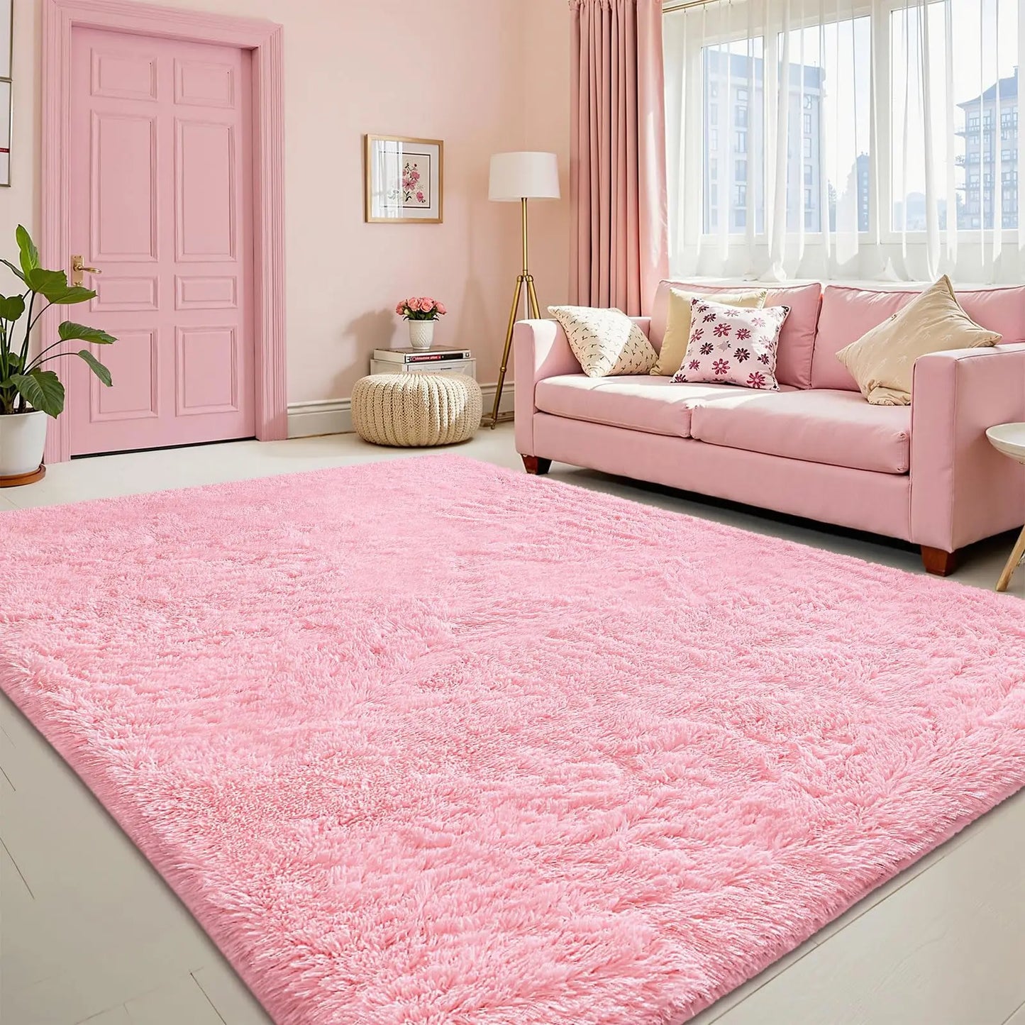 Pink living room with a pink rug, sofa, and door.