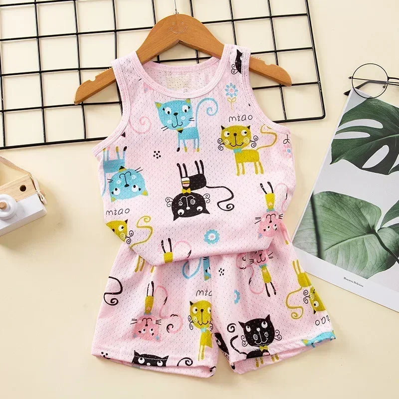 Pink vest and shorts pyjama set with a fun cat design 