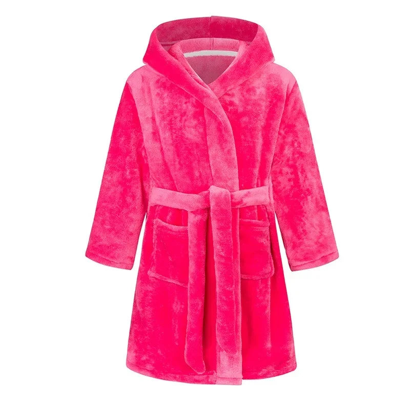 Kids soft hooded bathrobe nightgown in bright pink with rope tie fastening.
