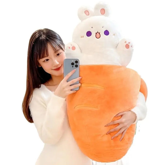 Person holding a large plush toy shaped like a carrot with a rabbit design on a white background
