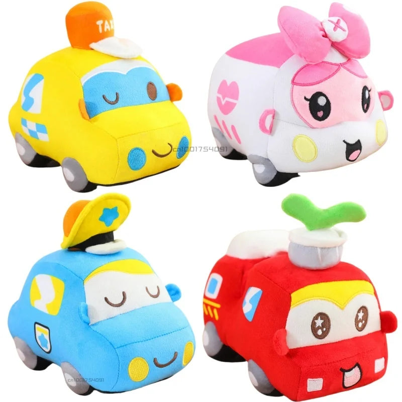 Four colorful plush toy cars on a white background