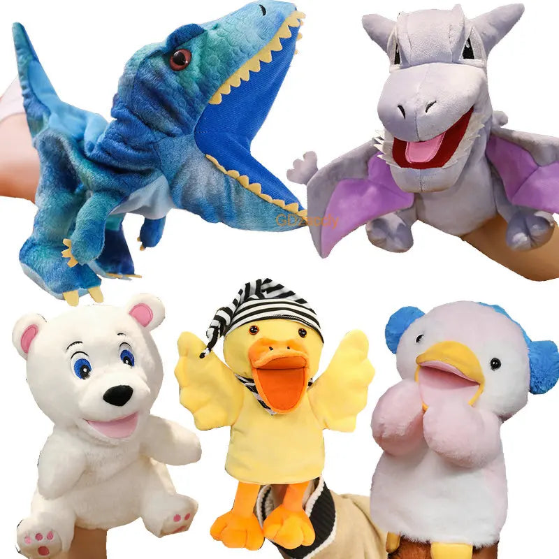 Set of colourful plush puppets including dinosaurs and animals