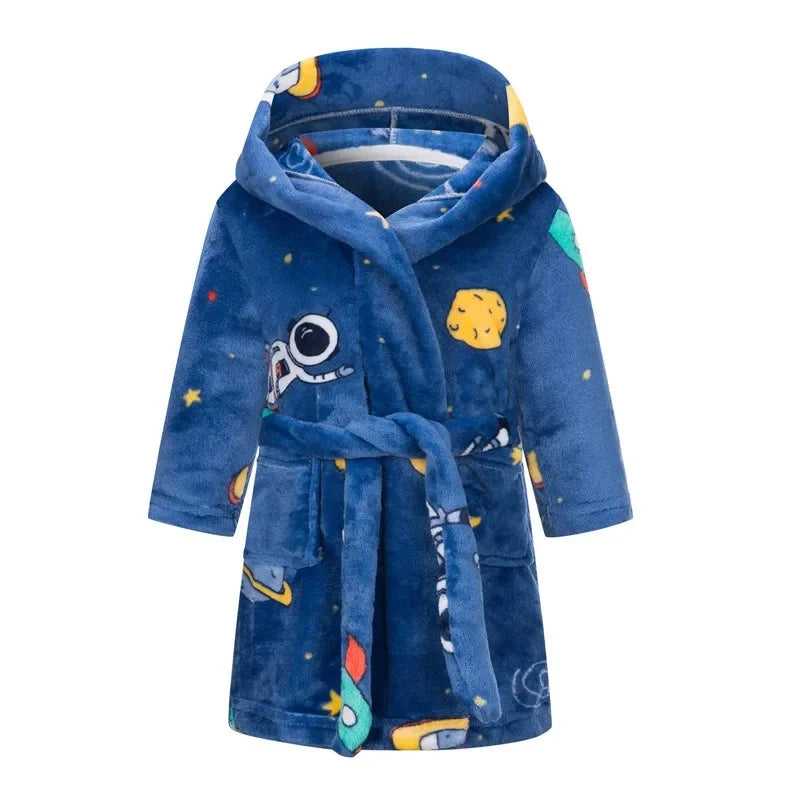 Boys blue hooded bathrobe nightgown with astronaut and rocket space print.