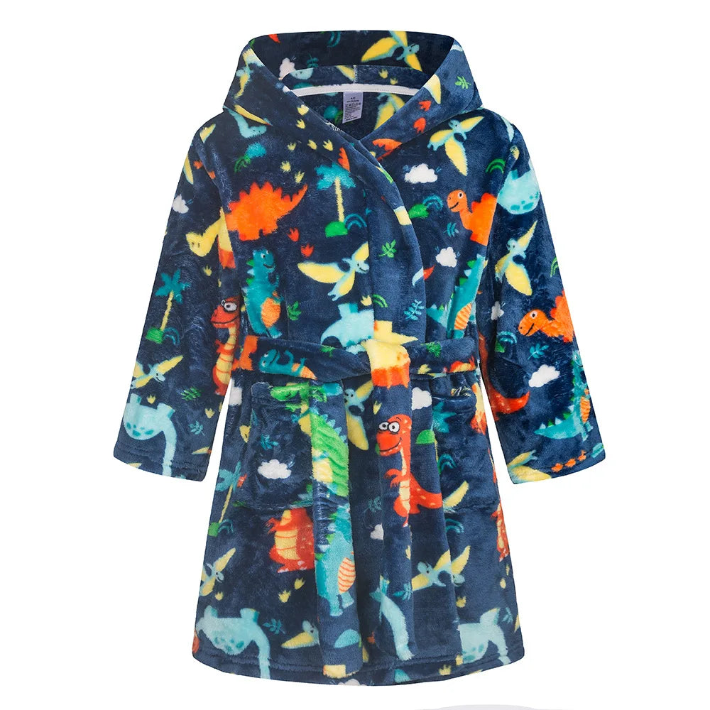 Boys navy bath robe with a dinosaur design on a white background
