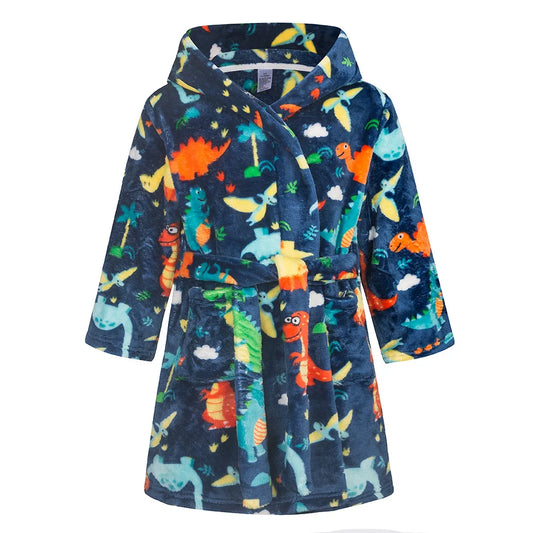 Boys navy bath robe with a dinosaur design on a white background