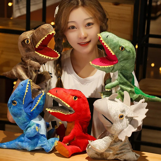 Woman holding colourful dinosaur puppets in a casual setting