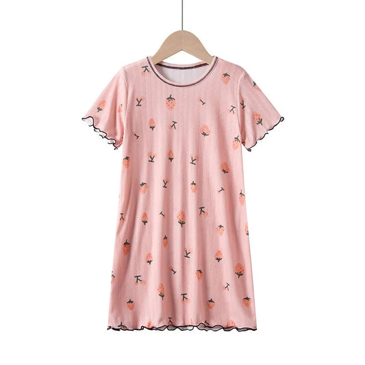 Girls cotton nightdress with strawberry print and short sleeves