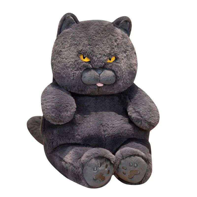 Furry grey British Shorthair cat plush toy in a seated lazy pose