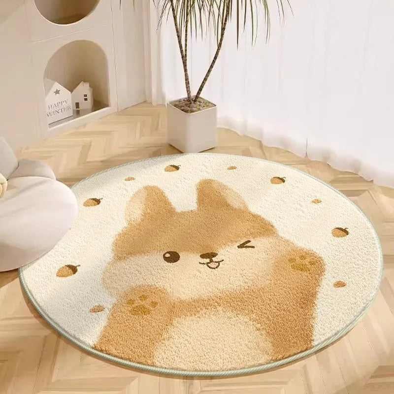Cream round cartoon rug with squirrel design and acorn details placed on a light floor