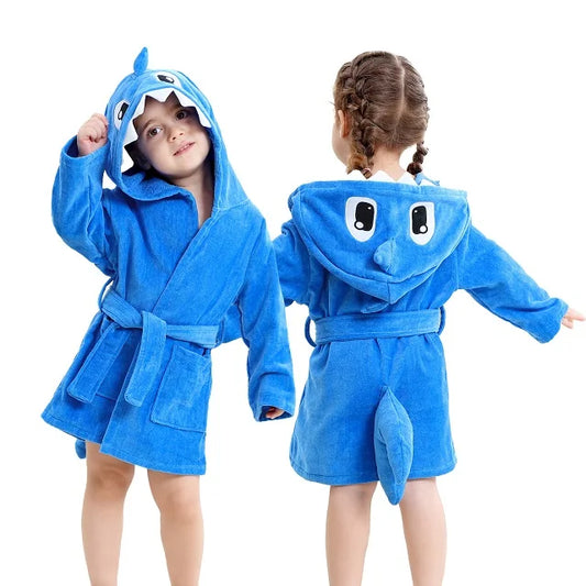 Blue shark hooded baby bathrobe made from soft bamboo fabric with belt closure