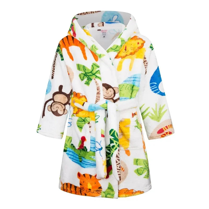 Kids white bathrobe with a animal design on a white background