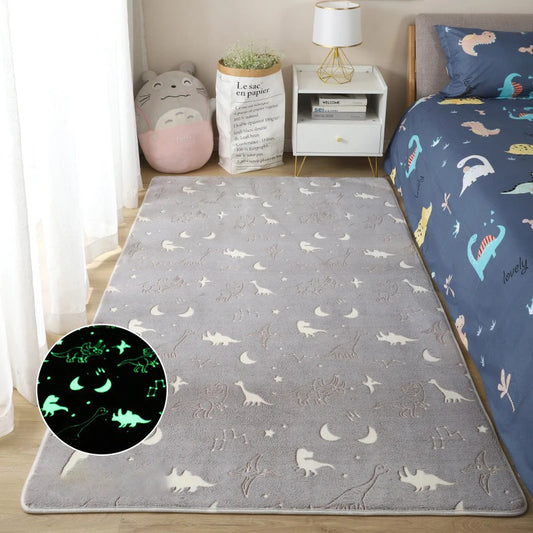 Grey dinosaur-patterned rug with a close-up of glowing dinosaurs.
