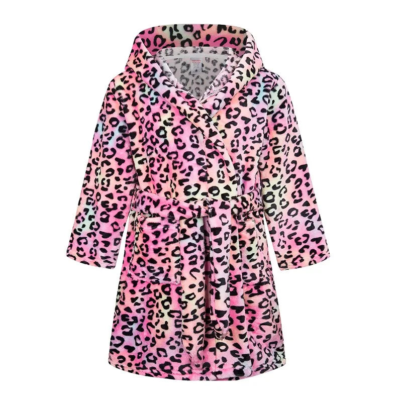 Girls hooded bathrobe nightgown in pink animal print with tie waist
