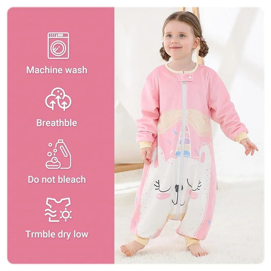 Child wearing a pink unicorn-themed onesie with care instructions on a pink background