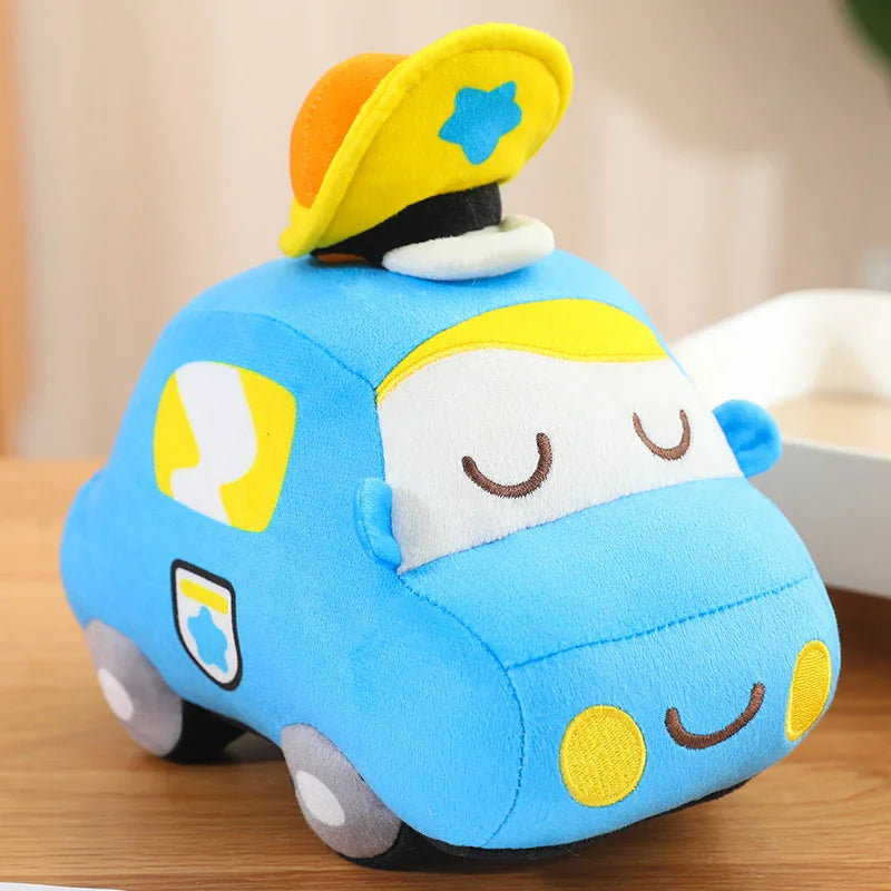 Blue police car cartoon plush toy with soft plush body and friendly design