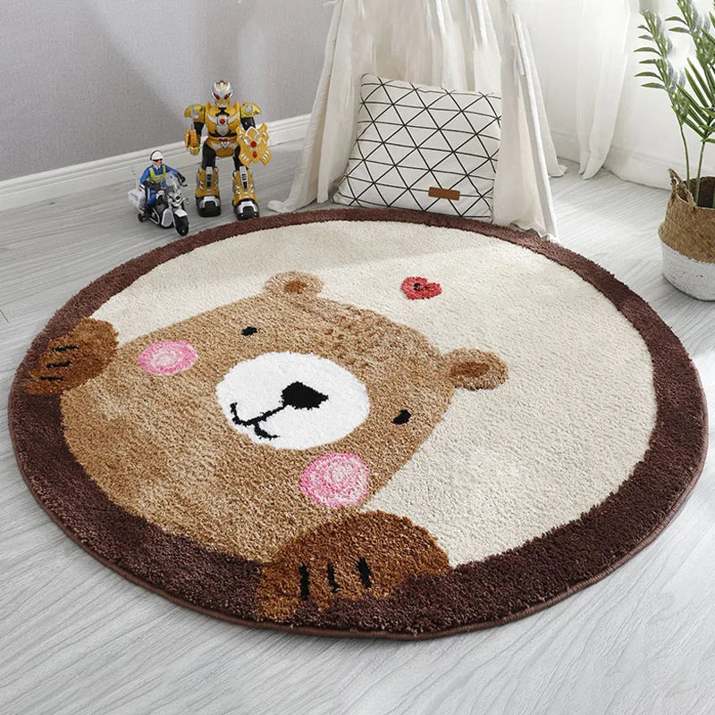 Round bear rug on a light wooden floor with toys and a pillow in the background.