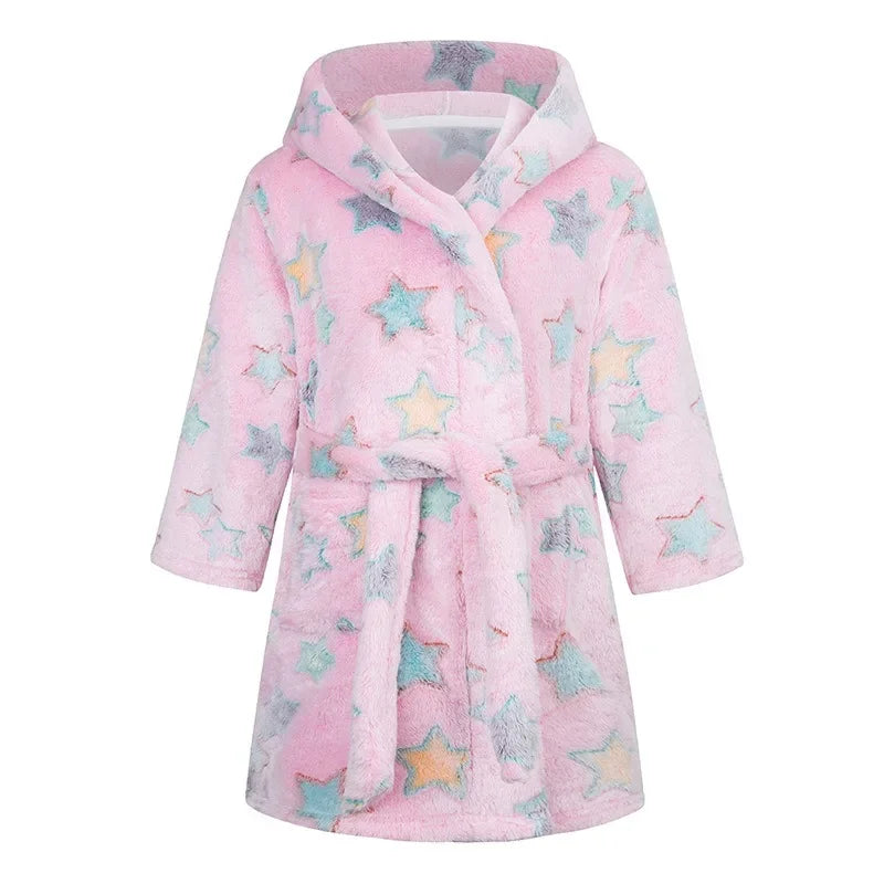 Girl's pink dressing gown with a star design on a white background