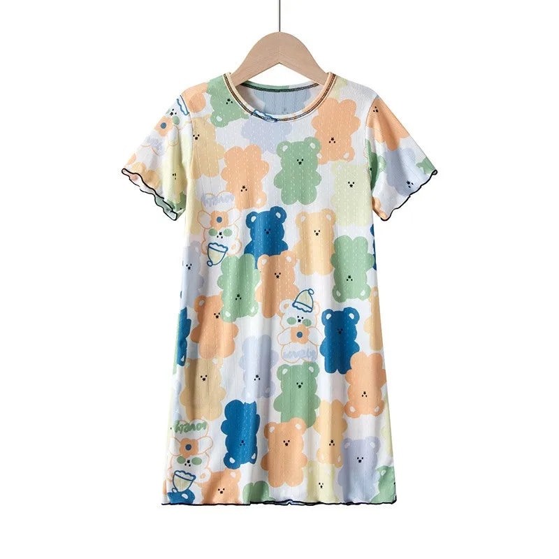 Girls cotton nightdress with pastel teddy bear print and short sleeves