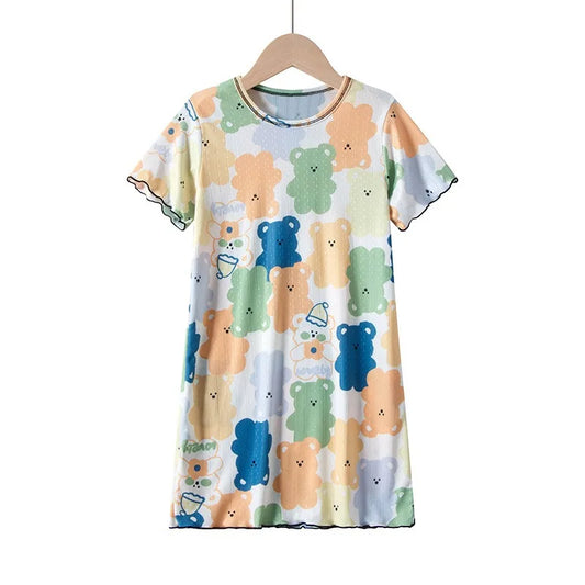 Girls cotton nightdress with pastel teddy bear print and short sleeves