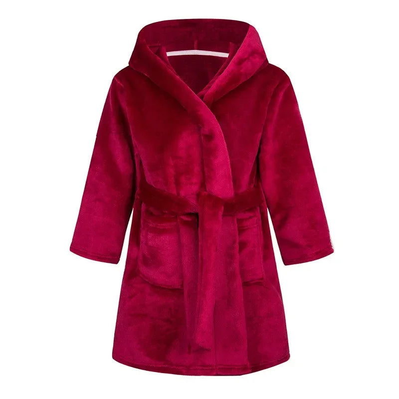 Kids soft hooded bathrobe nightgown in deep red with rope tie fastening.