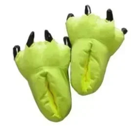Green paw-shaped slippers with black accents on a white background