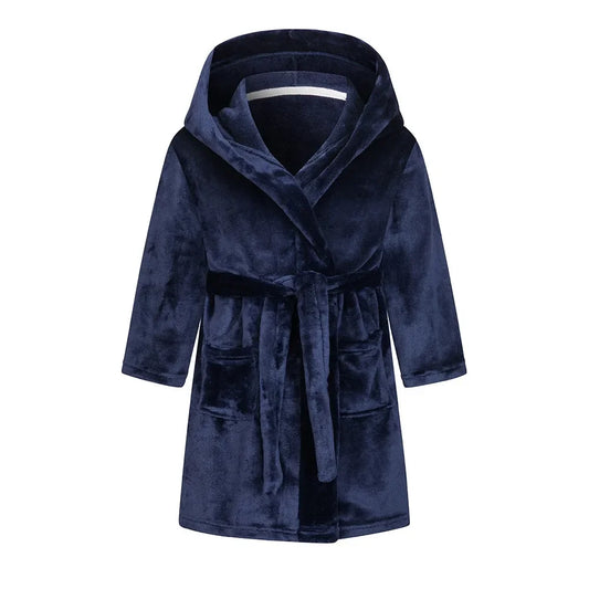 Kids soft hooded bathrobe nightgown in navy blue with rope tie fastening.