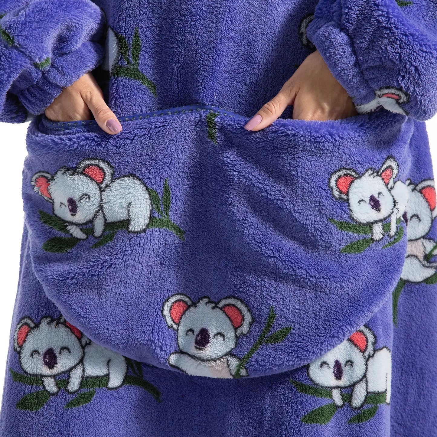 Blue fleece robe with koala designs on a white background with focus on the pockets.