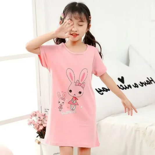 Girls pink cotton rabbit print nightie short sleeve cute sleepwear