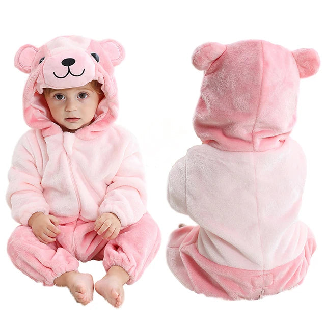 Front and back view of a child wearing a pink bear hooded onesie on a white background