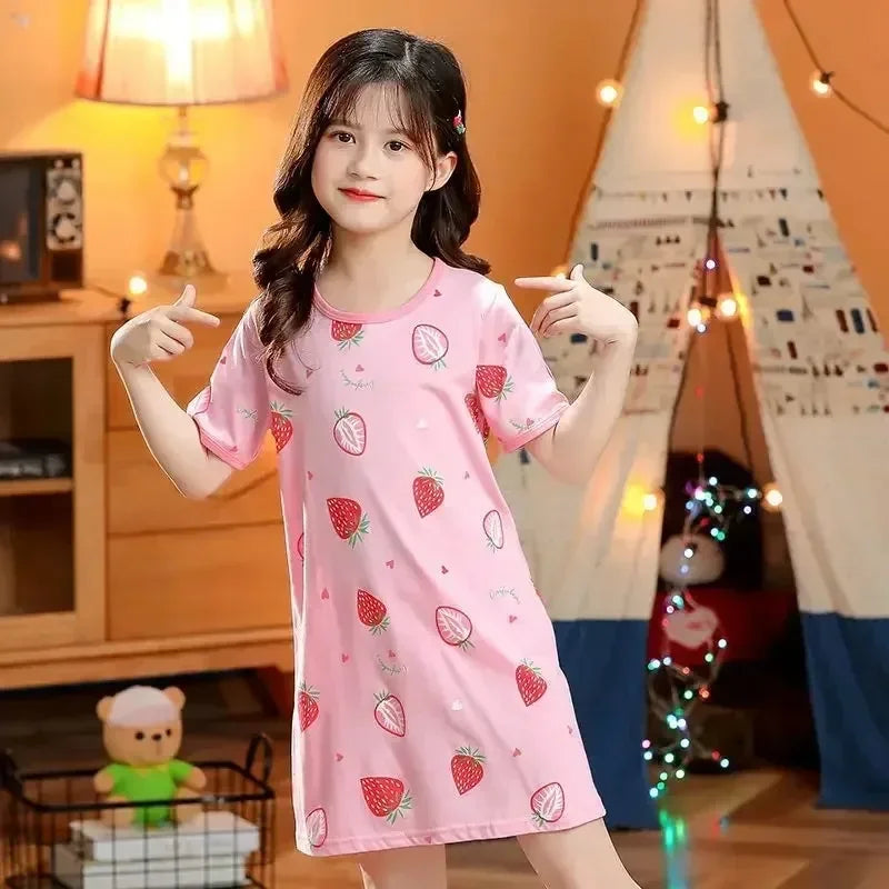 Girls pink cotton nightie with strawberry print short sleeve sleepwear
