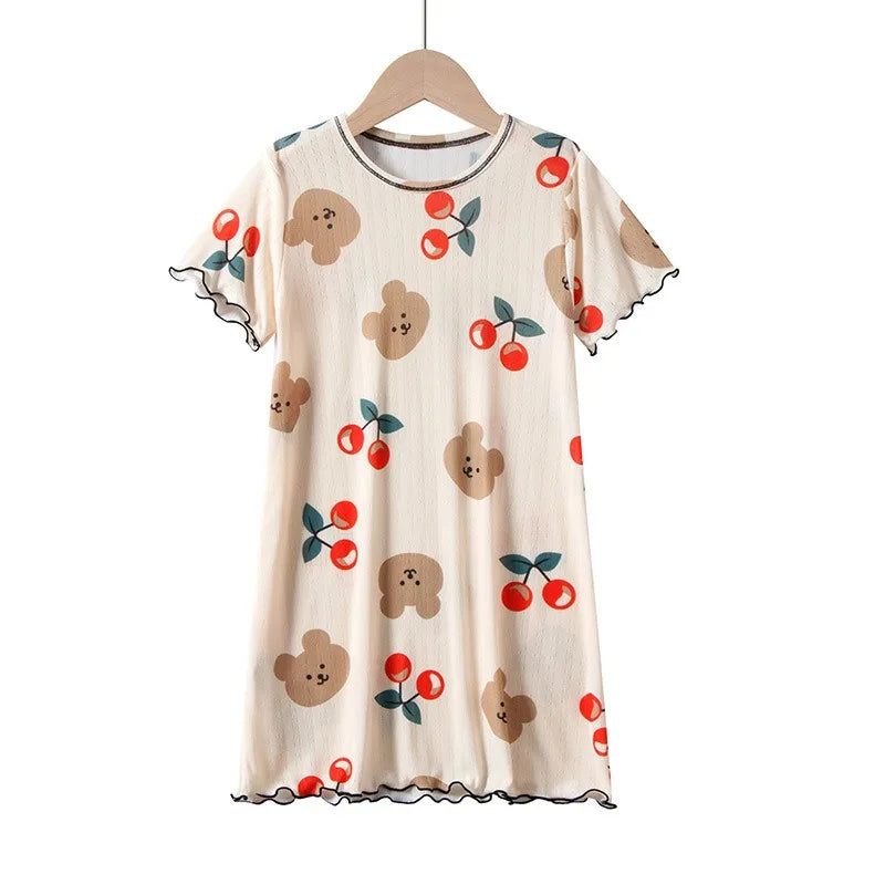 Girls cotton nightdress with cherry and bear print, short sleeves and above-the-knee length
