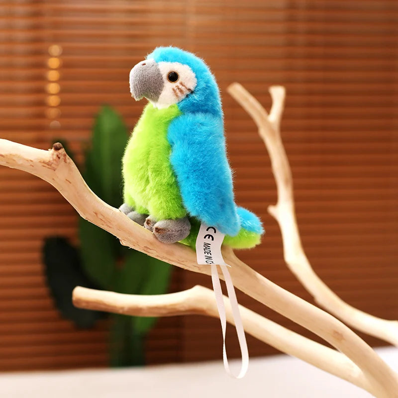 Plush parrot toy on a branch with a blurred plant and wooden background