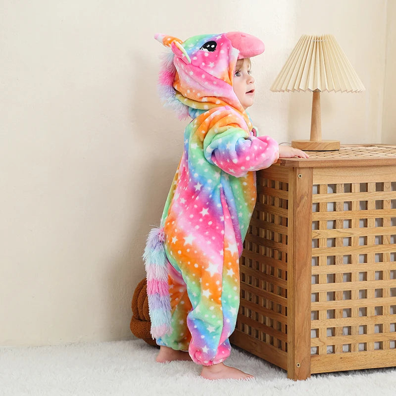 Rainbow unicorn baby romper with hooded design and zip front in soft flannel fabric in a cosy room