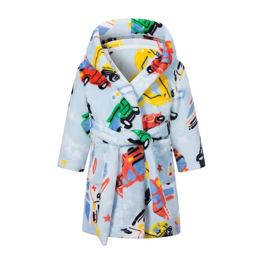 Boys hooded bathrobe nightgown in blue truck print with tie waist