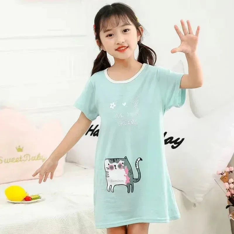Girls blue cotton nightie with cartoon cat print short sleeve sleepwear