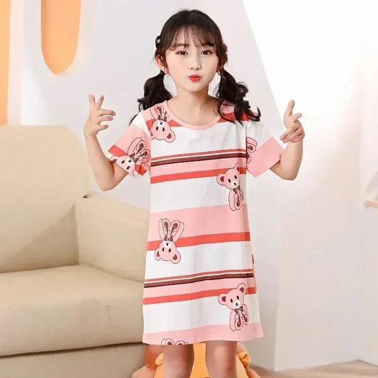 Girls striped cotton nightie with pink bear print short sleeve sleepwear