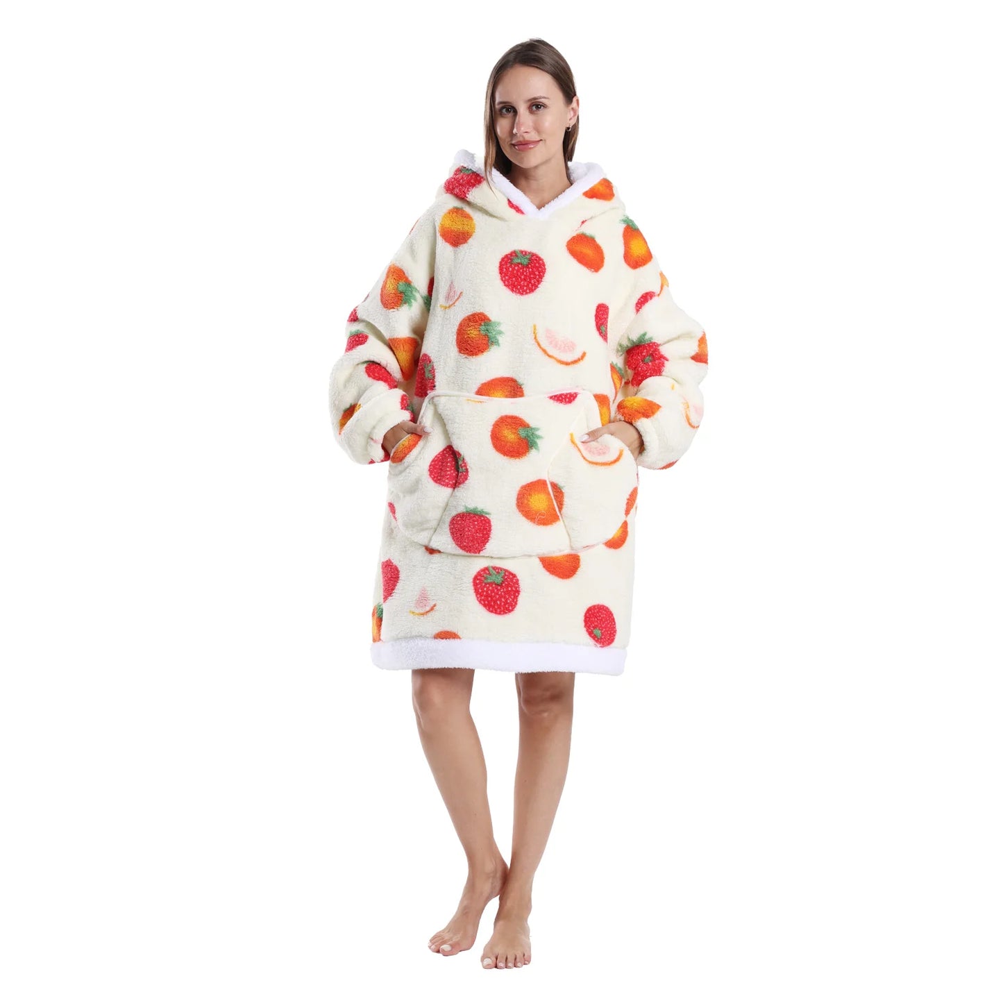 Person wearing a fruit-patterned hoodie on a white background