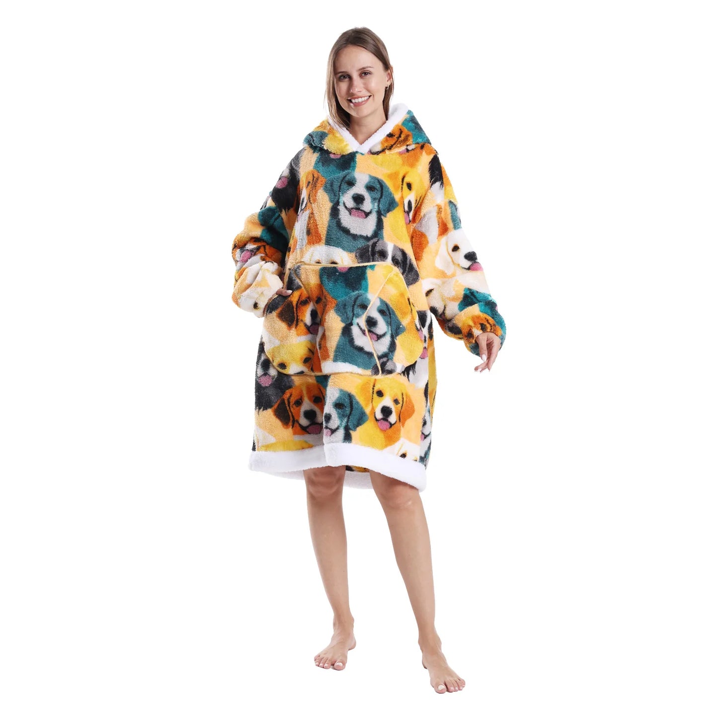 Woman wearing a oversized lounge hoodie with colourful dog motifs on a white background