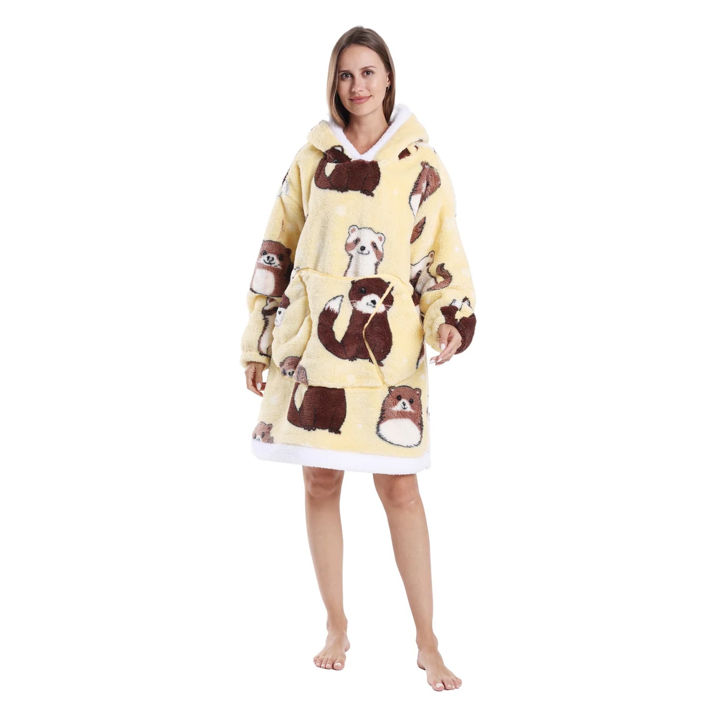 Woman wearing a oversized lounge hoodie with cute animal motifs on a white background
