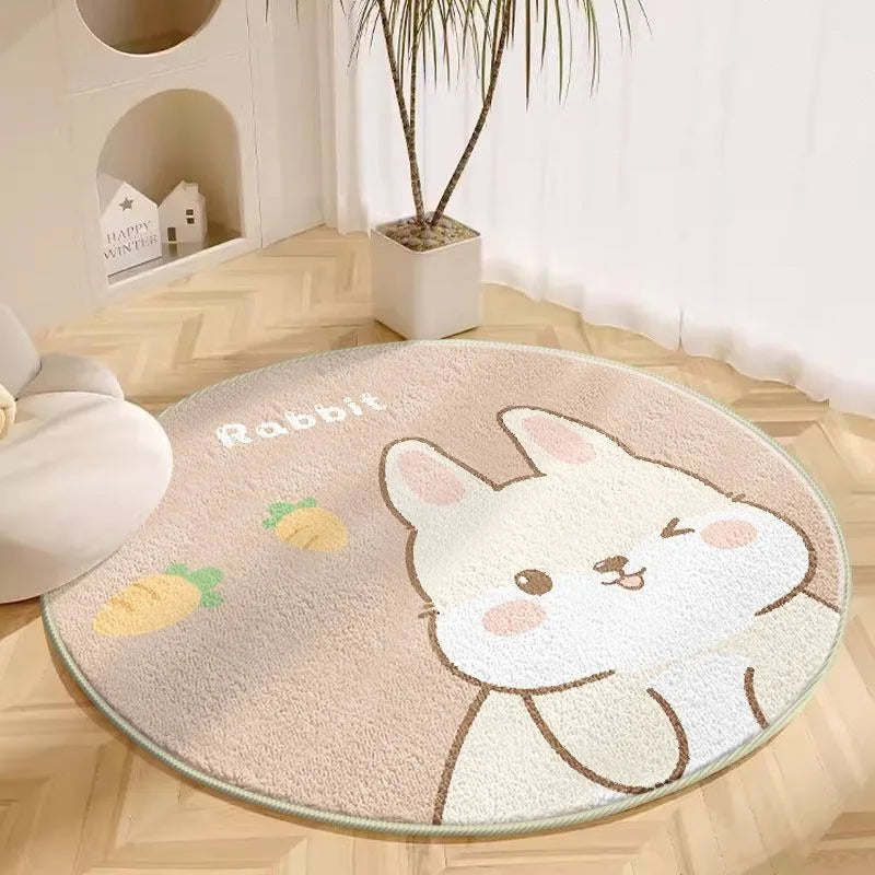 Round cartoon rug with white bunny design on a beige background placed on a light floor