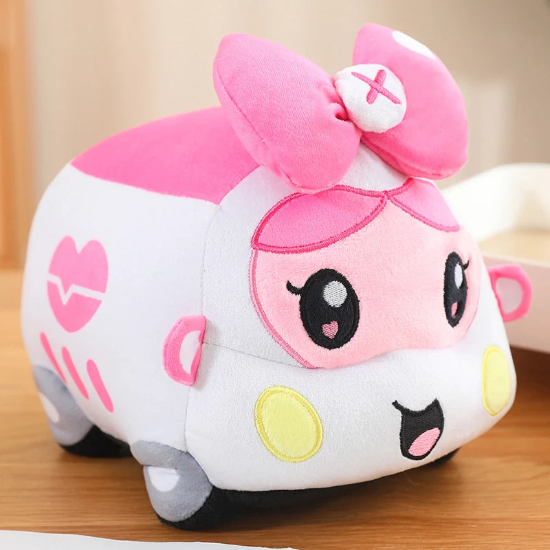 Pink ambulance cartoon plush toy with bow detail and cute character expression